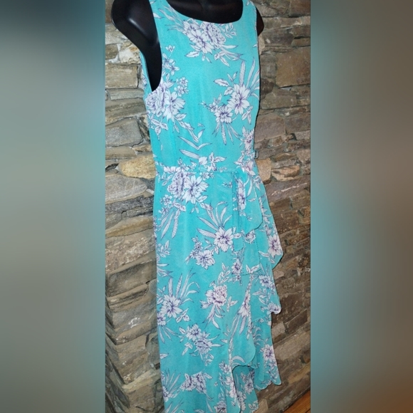 Sandra Darren turquoise dress ruffled faux wrap, floral, belted, size 10 - Picture 8 of 8